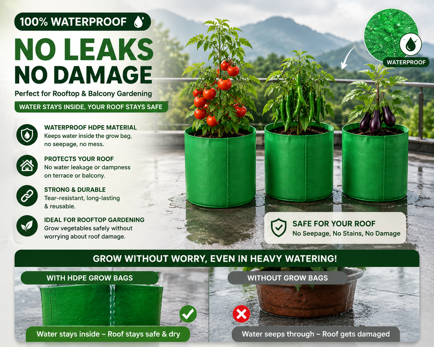Pack of three HDPE grow bags +3 vegetable seeds packets