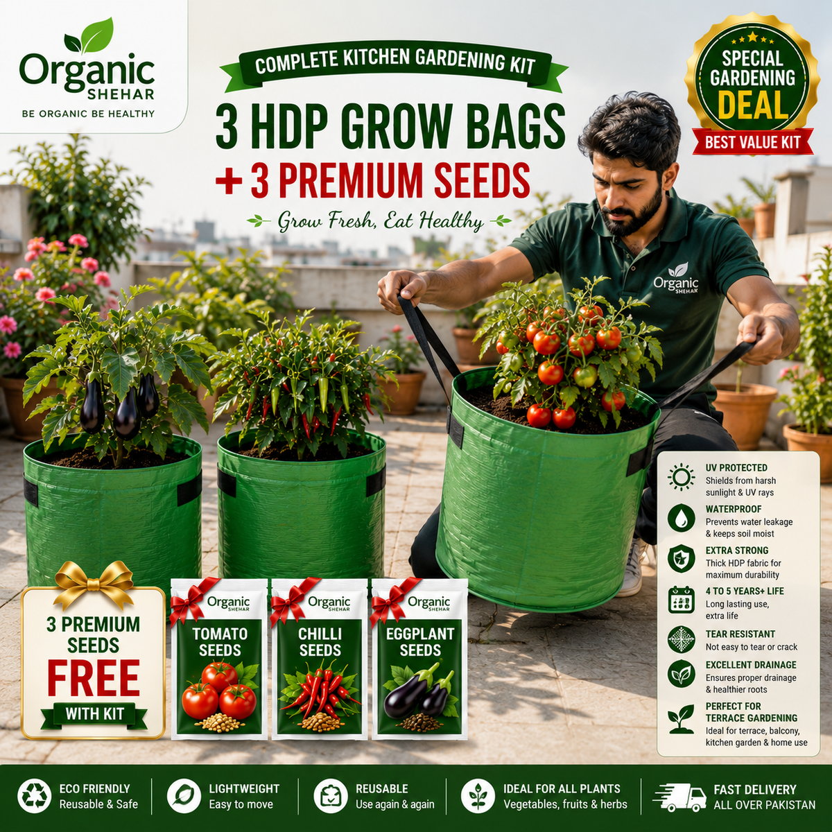 Pack of three HDPE grow bags +3 vegetable seeds packets