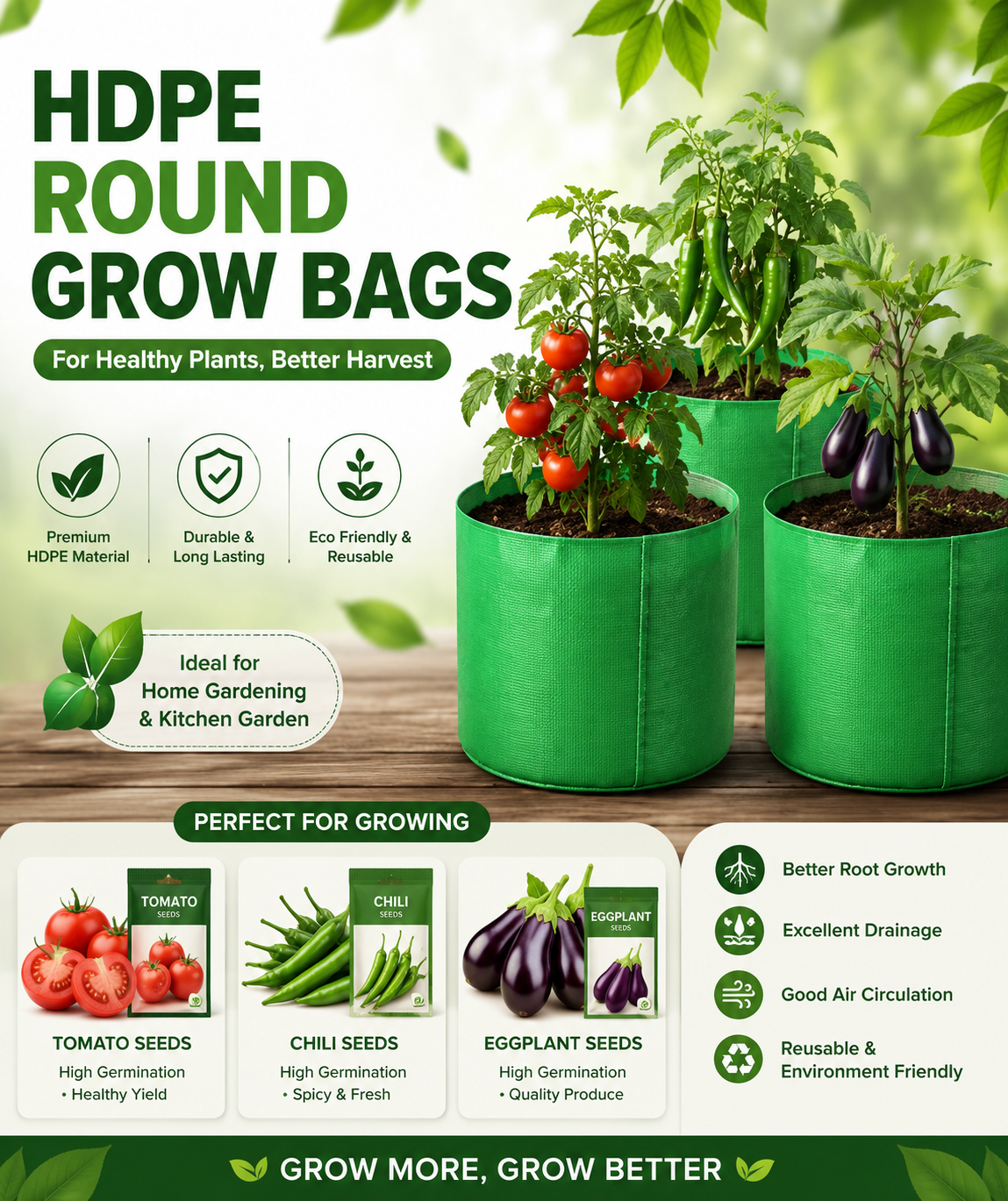Pack of three HDPE grow bags +3 vegetable seeds packets