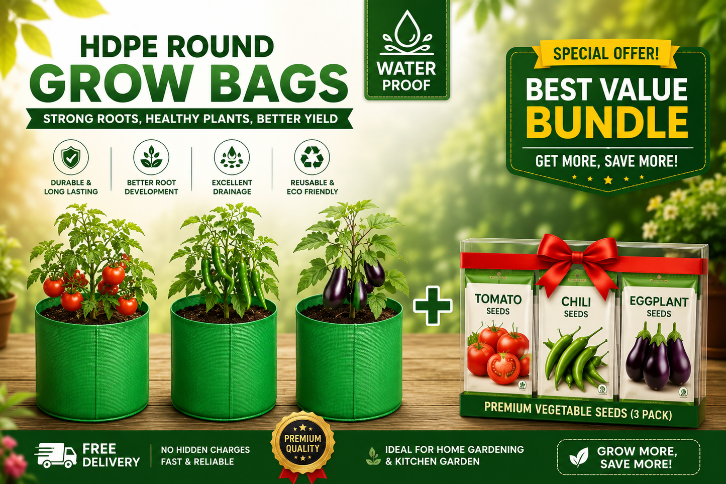 Pack of three HDPE grow bags +3 vegetable seeds packets