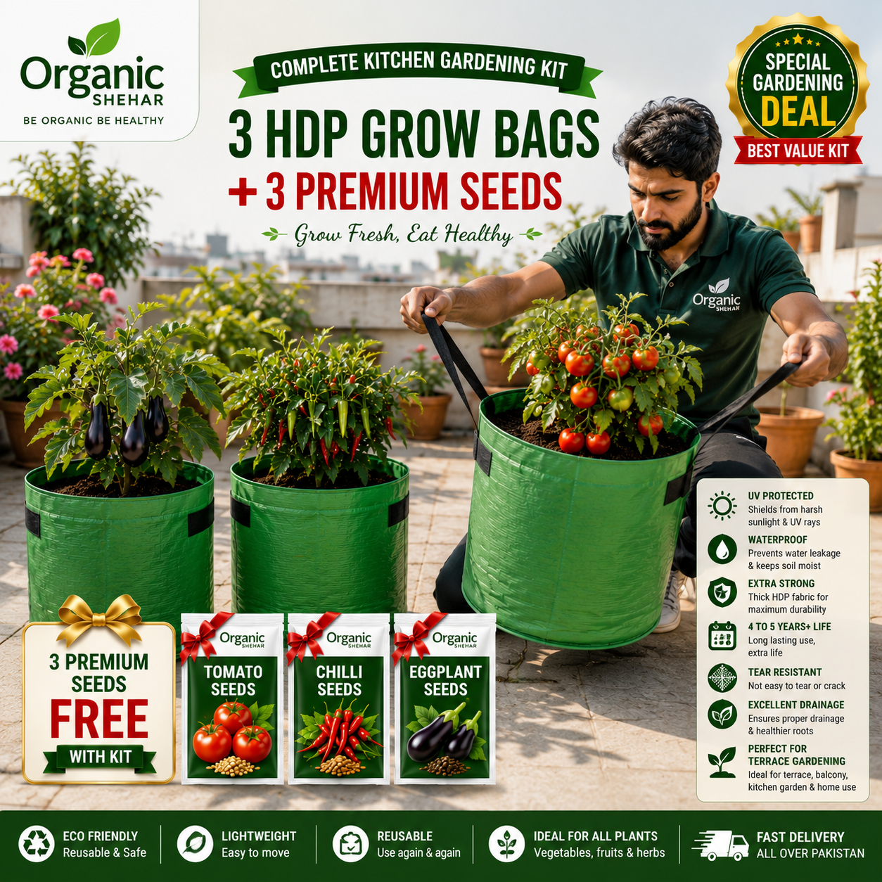 3 HDP Grow Bags + 3 Premium Vegetable Seeds |
