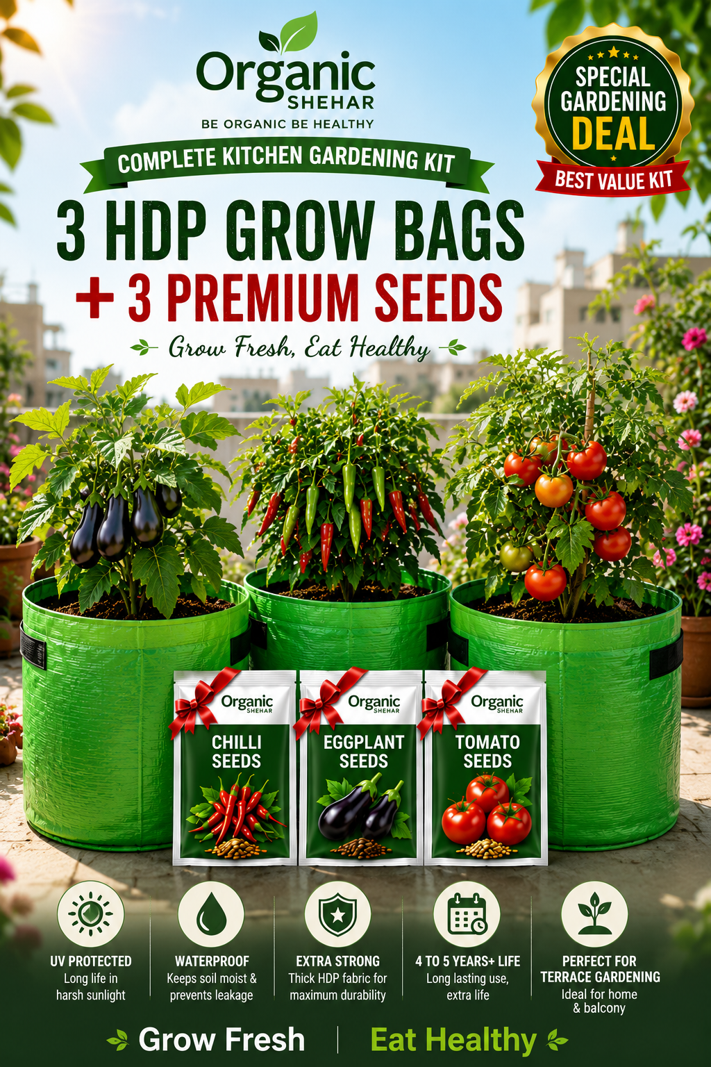 3 HDP Grow Bags + 3 Premium Vegetable Seeds |